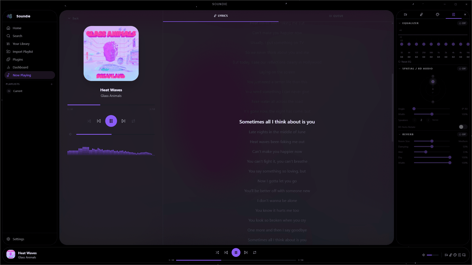 Now Playing — synced lyrics, EQ, spatial audio, reverb